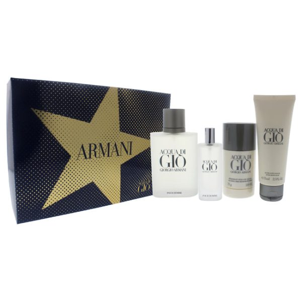 Giorgio Armani Acqua Di Gio by Giorgio Armani for Men - 4 Pc Gift Set 3.4oz EDT Spray, 0.5oz EDT Spary, 2.6oz Alcohol Free Deodorant Stick, 2.5oz After Shave Balm For Discount